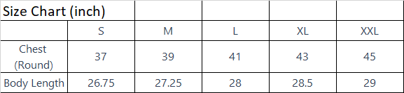 Size Chart for Mens Graphic Tee