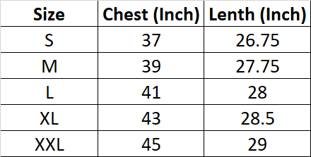 Size Chart for Mens Basic Tee
